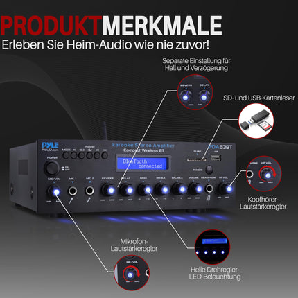 Pyle võimendi, AV-vastuvõtja, minivõimendi, stereovõimendi, Bluetooth-võimendi, 200 W võimendi, stereovastuvõtja - mitmekanaliline koos FM-raadio, BT, USB/SD, AUX, RCA, mikrofonisisendiga, BT ja FM-antenniga