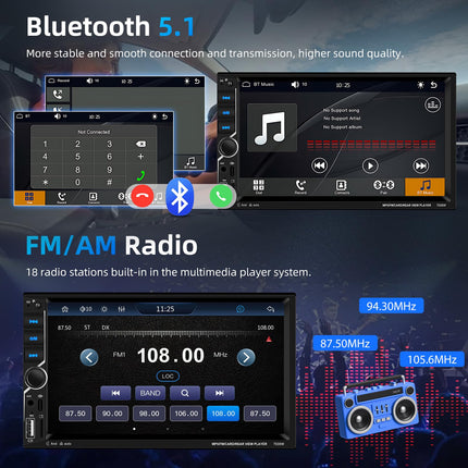 Podofo Carplay 2 DIN autostereo, 7-tolline HD puutetundliku ekraaniga Bluetooth-autoraadio, MP5-mängija, mis toetab juhtmevaba Android Auto/Bluetooth 5.1/MirrorLink/FM/USB/AUX/laadimist/pulti + tahavaatekaamera