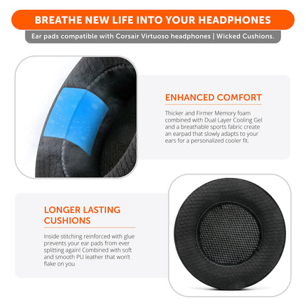 WC Freeze Virtuoso – Replacement hybrid fabric ear cushions with cooling gel for the Corsair Virtuoso gaming headset, manufactured by Wicked Cushions, with improved thickness and sound isolation | Black