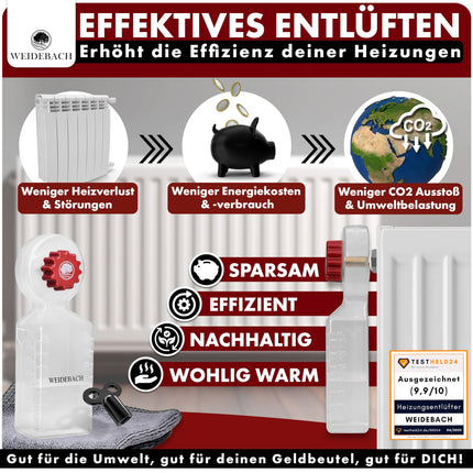 WEIDEBACH® kütteseadme õhutusvõti koos kogumisanumaga (140ml), kütteseadme õhutusvõti koos mikrokiudlapiga ja miniõhutusvõtmega kitsastesse kohtadesse, õhutusvõti igale kütteseadmele, pikk vorm