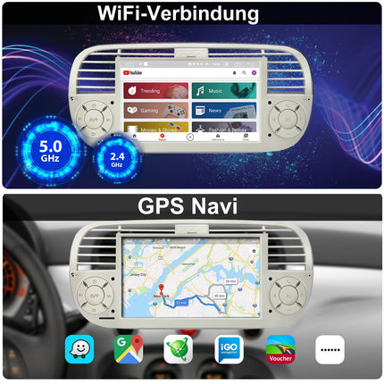 [Cream 4+64GB] Autoraadio FIAT 500 2007-2015 mudelile, 7-tolline puutetundlik ekraan, Android 14 raadio tugi, juhtmevaba Carplay/Android Auto, GPS navigatsioon, WiFi, 4G, Bluetooth, 5.0, FM RDS, DSP, SWC, DAB+, OBD, USB