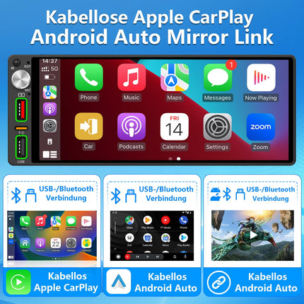 6.9 inch 1 Din Car Radio with Wireless CarPlay &amp; Android Auto, Bluetooth, Full Touch Car Radio Display FM, DAB+, Rear View Camera and Microphone Support