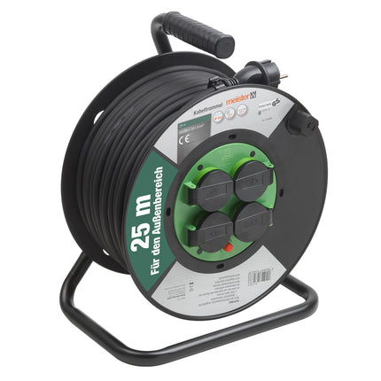 Meister cable reel H05RR-F3G1.5, IP44 - 25 m cable - thermal protection switch - outdoor / cable reel with 4 Schuko sockets / cable box with extension cable / cable reel with crank / 7435860