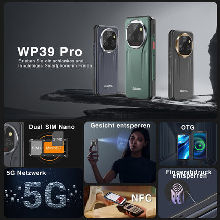OUKITEL WP39 Pro Outdoor Mobile Phone 5G 36GB+512GB/2TB, 11000mAh Android 14 Outdoor Smartphone Without Contract, MTK6300 Octa-Core Waterproof Construction Site Phone, 64MP+32MP, 6.6'' FHD+/Fingerprint/NFC/33W-Black