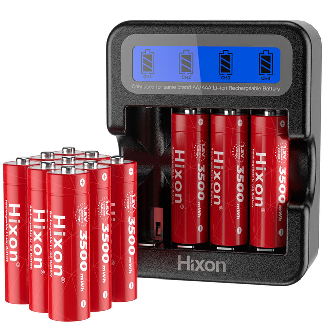 Hixon 1.5V AA Battery, Rechargeable AA Lithium Battery, New Low Voltage Reminder Function, 3500mWh 1.5V Constant Output, 12 Pack Rechargeable Lithium AA Battery with LCD Display Charger