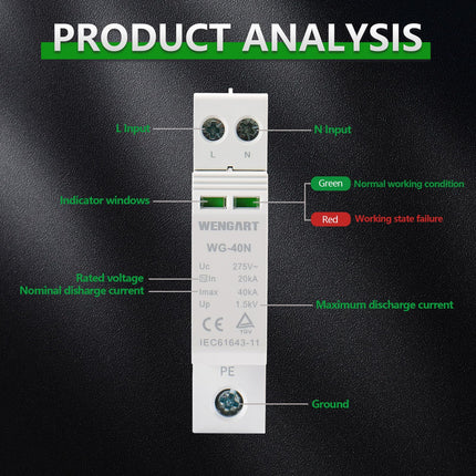 Wengart mini surge protection device WG-40N, 2P 18mm width, TÜV certification, low-voltage protection lightning surge protection