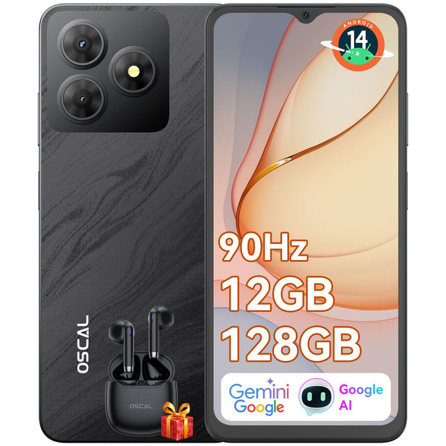 OSCAL Flat 2 nutitelefon ilma lepinguta, Android 14, 12GB+128GB/2TB TF mobiiltelefon odav, 6.56'' HD+ 90Hz mobiiltelefon ilma lepinguta, 13MP+8MP, 5000mAh, kahe SIM-kaardiga/OTG/GPS/sõrmejäljelugeja/Gemini tehisintellekt/2-aastane garantii