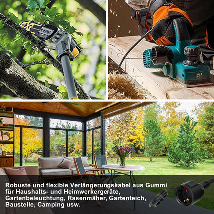 Välistingimustes kasutatav pikendusjuhe 5m, kummist pikendusjuhe Schuko pistikuga, IP44 pikendusjuhe H07RN-F 3G1,5 mm² kaabel, kaitsekorgiga, 3500W, 16A 250V, must