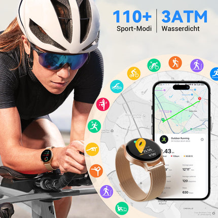 Nutikell naistele ja meestele ümmargune telefonifunktsiooniga - 1,32-tolline AMOLED-ekraan, fitnesskell 110+ spordirežiimi ja 3ATM-iga, kellad naistele ja meestele iOS/Androidile, sammulugeja ja pulsimõõtjaga, unemonitoriga - kuldne
