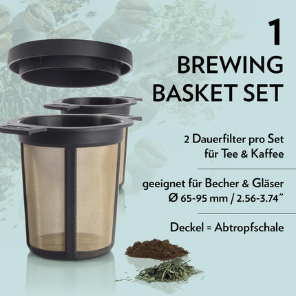 finum® KEETMISKORVIDE KOMPLEKT M Teesõel lahtisele teele, Roostevabast terasest teefilter tilgakogumisalusega, Püsiv filter teele ja kohvile, BPA-vaba, Suurus M, Must