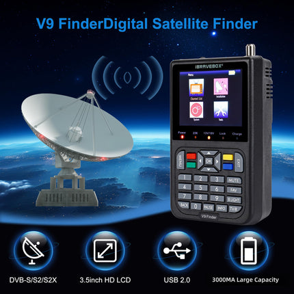 Digitaalne satotsija, V9 digitaalne satelliidisignaali otsija sisseehitatud liitiumioonakuga, 3,5-tolline LCD-ekraan, Full HD, 16-bitine, OSD 64 MB, 1 GB, DDR3, toetab H.265 (must)