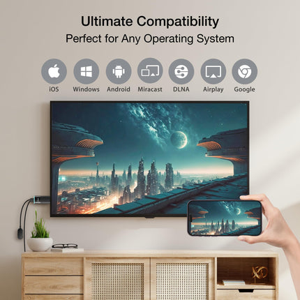 EZCast 2 juhtmevaba ekraanivastuvõtja, toetab 2,4/5 GHz WiFi-d, ühildub Androidi, iOS-i, Windowsi, macOS-i, DLNA, Miracasti ja Airplay peegeldamisega