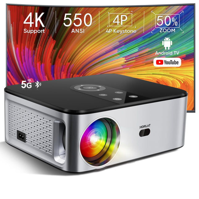 HORLAT projektor 4K kodukino toega, 25000 luumenit, natiivne 1080P WiFi Bluetooth projektor, automaatne/4P/4D trapetsikorrektsioon, 50% suumprojektor, sisseehitatud rakendus/WiFi peegeldav nutiprojektor