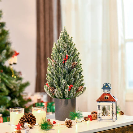 HOMCOM Artificial Christmas Tree Small Tabletop Christmas Tree 170 Branches Snowy Design Mini Christmas Tree with Plastic Base Berries Pine Cones PE PVC Green Ø27 x 47 cm