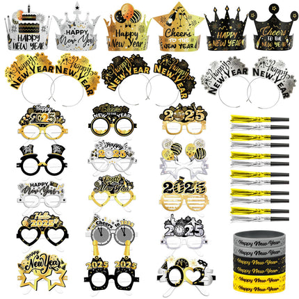 DPKOW Black Gold Silver New Year's Eve Decoration 2025 New Year's Eve Decoration Accessories New Year's Eve Party Hats Happy New Year Headband New Year's Eve Glasses Silicone Bracelet Horns for Decoration New Year's Eve Party 2025