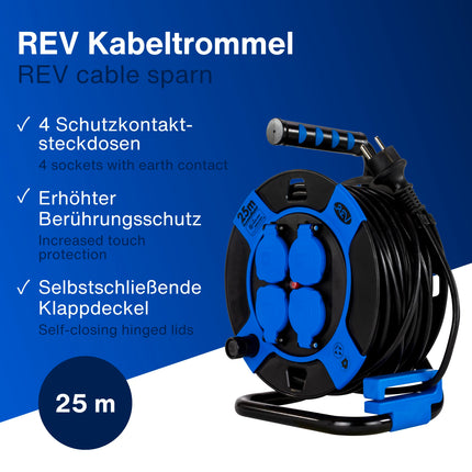 REV kaablirull, IP44, välistingimustesse, 4 maandatud pistikupesa, 25 m, must