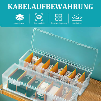 2 läbipaistvat kaablikorraldaja karpi pakis, valge kaablikarp 7 reguleeritava vaheseinaga, kaablite hoiukarp laadimiskaablite, akude, kirjatarvete ja kaablite haldamiseks laual