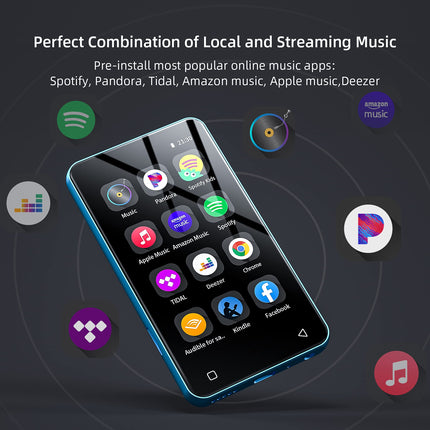 MP3-mängija Bluetoothi ​​ja WiFi-ga, 4-tolline puutetundliku ekraaniga MP4-mängija Spotifyga, Androidi voogedastusmuusikamängija Pandoraga, kaasaskantav HiFi-heli digitaalne audiopleier kõlariga, sinine