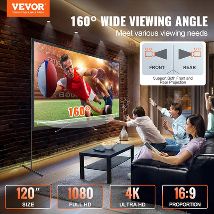 VEVOR projektsiooniekraan alusega 120-tolline HD 4K välistingimustes kasutatav siseprojektori ekraan, kiiresti kokkupandav kaasaskantav filmiekraan 16:9 kodukino, telkimise, vaba aja ürituste jms jaoks. Must