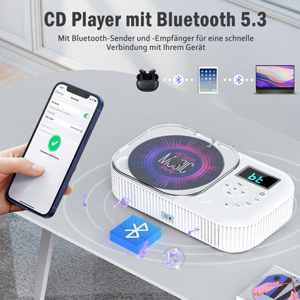 Greadio kaasaskantav CD-mängija Bluetooth 5.3-ga, 2000mAh laetav CD-mängija FM-raadioga, laste CD-mängija koju ja autosse, kahe kõlariga/LCD-ekraaniga/puldiga/AUX/USB-ga (valge)