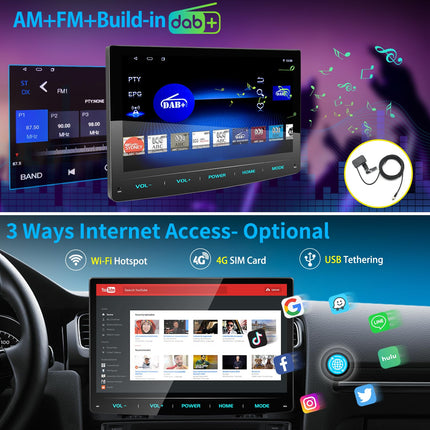 URVOLAX Android 13 autoraadio ekraaniga, 10,1-tolline juhtmevaba CarPlay Apple Android Auto Navigation DAB+ 1 DIN raadio Bluetooth Car Play puutetundliku ekraaniga monitor 8-tuumaline 32G WiFi 4G GPS tahavaatekaamera