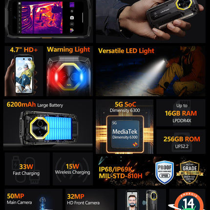 Ulefone Armor Mini 20T Pro 5G Outdoor Smartphone Unlocked, 4.7'' Thermal Imaging Camera Android 14 16GB+256GB 50MP+32MP 6200mAh 33W IP68/IP69K Outdoor Smartphone Unlocked 5G Dual SIM/NFC/GPS
