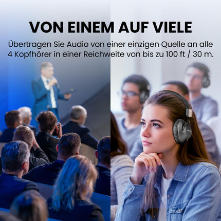 Avantree Quartet 2 – [uuendatud 2025. aastal] Bluetooth-ühilduv juhtmevaba grupikuulamissüsteem kõrvaklappide ja saatjaga pidudeks, vaikseteks diskodeks, teleri vaatamiseks – Mitmed kõrvaklapid madala latentsusega ja selge heliga