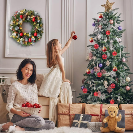 40CM door wreath Christmas illuminated, artificial Christmas wreath Advent wreath with Christmas tree balls and branches decorative wreath, Christmas decoration, Christmas decoration fir garland with lighting (A)