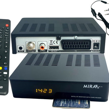 Amiko MIRA3 HD satellite receiver with recording function, card slot, timeshift, HDMI, PVR, USB, WiFi, AAC-LC, SCART, coaxial - satellite receiver HD for satellites, satellite receiver with 12V power supply + HDMI cable M@tec