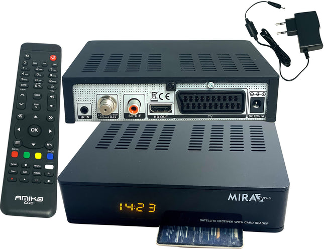 Amiko MIRA3 HD satelliitvastuvõtja salvestusfunktsiooniga, kaardipesa, ajanihke, HDMI, PVR, USB, WiFi, AAC-LC, SCART, koaksiaalkaabliga - satelliitvastuvõtja HD satelliitidele, satelliitvastuvõtja 12V toiteallikaga + HDMI-kaabel M@tec