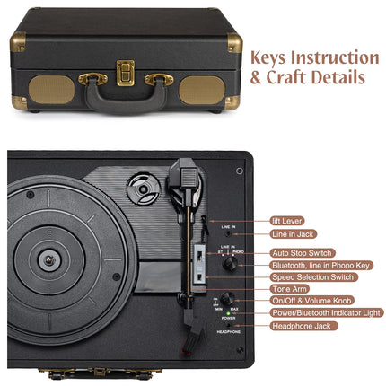 Vinyl Record Player 3-Speed ​​33/45/78 RPM Bluetooth Case Portable Record Player with Belt Drive and Built-in Speakers RCA Line Out AUX in Headphone Jack Vintage Turntable