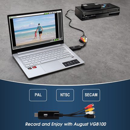 USB 2.0 Audio Video Grabber Converter - August VGB100 - Scart, S-Video, Composite - VHS Hi8 cassette camcorder digitize to DVD transfer video adapter SECAM PAL - for Windows 11/10/8/7/Vista/XP