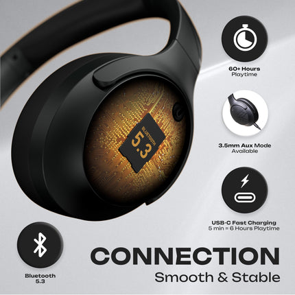 PowerLocus Bluetooth kõrvaklapid, 60 tundi mänguaega, juhtmevabad kõrvaklapid 4 ekvalaiseri režiimiga, Hi-Fi stereo kokkupandavad kõrvaklapid mikrofoniga iPhone'ile/reisile/Androidile/sülearvutitele (mustad)
