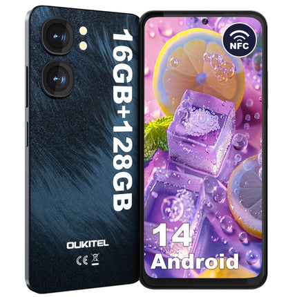 OUKITEL C58 (16GB+128GB) nutitelefon ilma lepinguta - 6,67-tolline 90Hz Android 14 mobiiltelefon soodne, 5150mAh aku, 13MP+5MP kaamera, näotuvastus ja sõrmejäljelugeja, NFC, GPS, kahe SIM-kaardi pesa 4G soodne nutitelefon, must