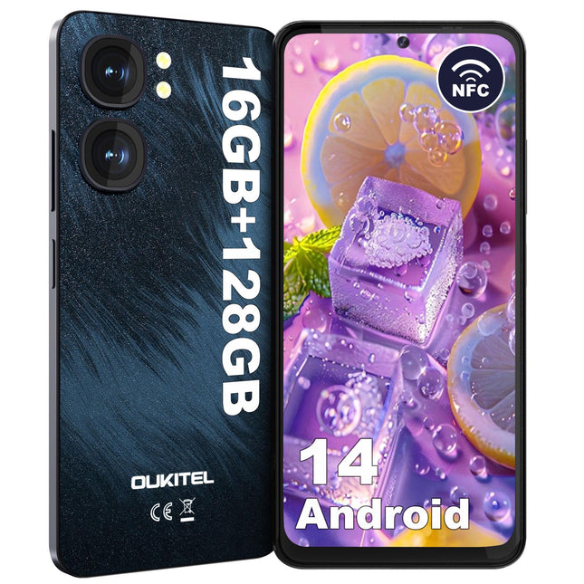 OUKITEL C58 (16GB+128GB) nutitelefon ilma lepinguta - 6,67-tolline 90Hz Android 14 mobiiltelefon soodne, 5150mAh aku, 13MP+5MP kaamera, näotuvastus ja sõrmejäljelugeja, NFC, GPS, kahe SIM-kaardi pesa 4G soodne nutitelefon, must