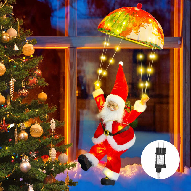 Santa Claus parachute fairy lights, 63CM 70 LED Christmas fairy lights plug in with timer, 8 modes, Christmas lights for indoor and outdoor Christmas decorations, windows, Christmas trees, balconies (warm white)