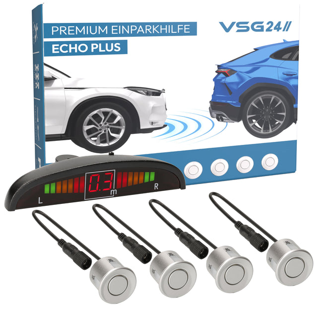 VSG24 Premium Parking Aid FRONT with display for retrofitting on the car, PDC parking sensors rear with plug-in system for easy installation - 4 reversing alarm sensors parking aid retrofit kit silver