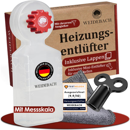WEIDEBACH® kütteseadme õhutusvõti koos kogumisanumaga (140ml), kütteseadme õhutusvõti koos mikrokiudlapiga ja miniõhutusvõtmega kitsastesse kohtadesse, õhutusvõti igale kütteseadmele, pikk vorm