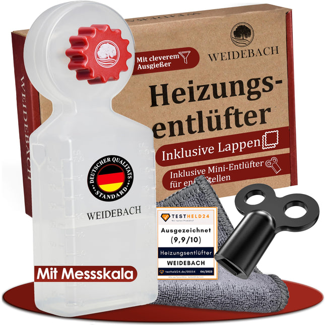 WEIDEBACH® Heater Bleeding Key with Collecting Container (140ml), Heater Bleeder including Microfiber Cloth &amp; Mini Bleeding Key for Tight Spaces, Bleeder for Any Heater, Long Form