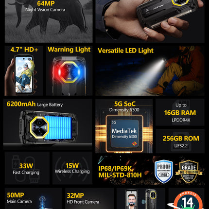 Ulefone Armor Mini 20 Pro õuemobiiltelefon, Android 14 5G mininutitelefon 16 GB + 256 GB / SD-2 TB mäluga, 4,7" HD+ 90Hz IP68/69K veekindel mobiiltelefon 6200mAh / 33W kiirlaadimine, 64MP öine nägemine, kahe SIM-kaardiga GPS / NFC