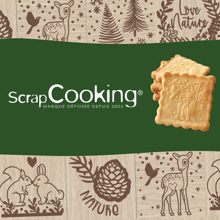 ScrapCooking puidust küpsetustempel lummatud metsa motiiviga - 1 küpsiselõikuri ja täringukaunistusega, millel on 5 graveeritud külge reljeefselt, kaunistus, 5127