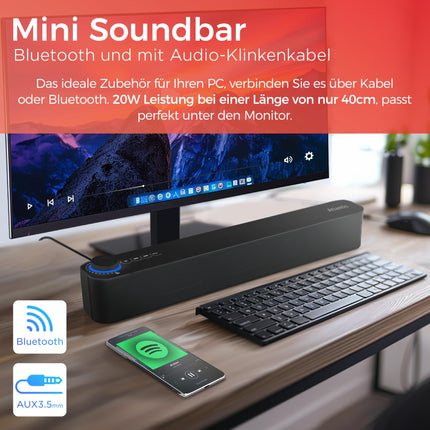 Atlantis Soundbar PC 20W, arvutikõlar, 3,5 mm pesa + Bluetooth 5.3 nutitelefonile, FireTV-le, plaadimängijale, 2400 mhA aku, FM-raadio, arvutikõlar, kaasaskantav, teler, nutitelefon 420x60x74 mm P003-C0820-B