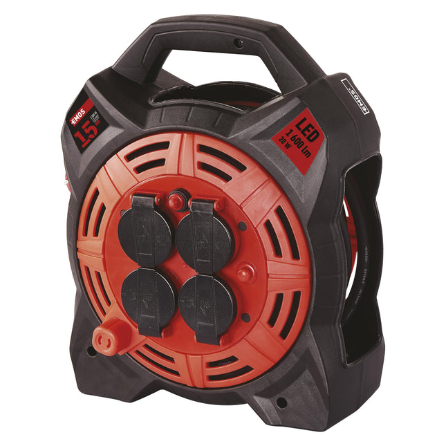 EMOS - 15m kaablirull LED-prožektoriga - 4 Schuko pistikupesa - veekindel, löögikindel, kuuma- ja külmakindel - 230 V, 13 A, 3000 W - H07RN-F3G 1,5 mm² - IP44 välistingimustes kasutamiseks