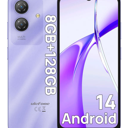 Ulefone Note 21 nutitelefon, 8GB+128GB/SD-1TB Android 14 mobiiltelefon, 90Hz 6.65" HD+ Octa Core kahe SIM-kaardiga 4G telefon Unisoc T606, 5000mAh mobiiltelefon, 13MP+8MP kaamera/GPS/OTG/Face ID/Sõrmejäljelugeja lilla