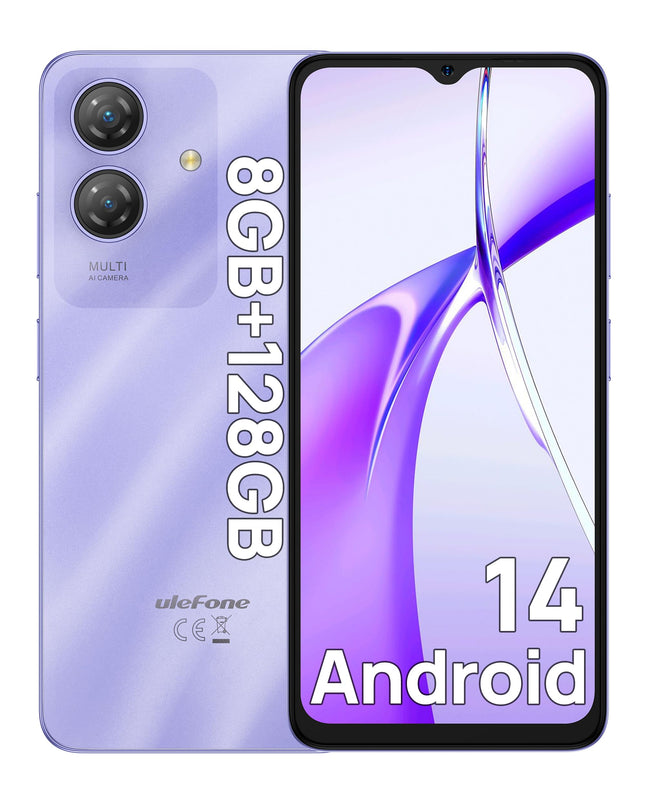 Ulefone Note 21 nutitelefon, 8GB+128GB/SD-1TB Android 14 mobiiltelefon, 90Hz 6.65" HD+ Octa Core kahe SIM-kaardiga 4G telefon Unisoc T606, 5000mAh mobiiltelefon, 13MP+8MP kaamera/GPS/OTG/Face ID/Sõrmejäljelugeja lilla