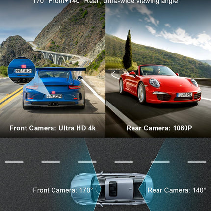 Auto videoregistraator ees/taga 4K, WiFi-ga videoregistraator 64 GB SD-kaardiga, tagurdamisassistendiga auto videoregistraator, öönägemine, 170°+140° lainurk, 3" IPS, parkimise jälgimine, G-andur, tsükkelsalvestus, jagatud laadimiskaabel, MAX 256G