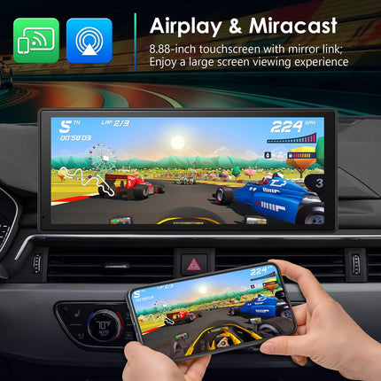 Kaasaskantav 8,88-tolline autostereo Carplay ja Android Auto funktsiooniga, HD Carplay ekraan autodele, tahavaatekaamera, Bluetooth, GPS-navigatsioon, Mirror Link, hääljuhtimine, AUX, FM, muusika/video taasesitus