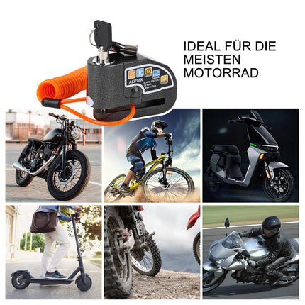 AGPTEK piduriketta lukustus mootorratta lukustusalarmisüsteem 110db ketaslukk, pidurikell 1,5 m tagasikutsumiskaabli ja lukukotiga, turvalukk Moto Moped Vespa Motokrossile, must