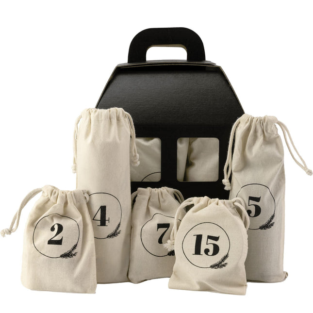 Jean &amp; Len Advent Calendar 2023, 24 hand-wrapped surprises in reusable cotton bags, with 3 cooperation partners, also suitable as a gift, Christmas calendar