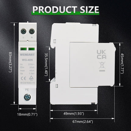 Wengart mini surge protection device WG-40N, 2P 18mm width, TÜV certification, low-voltage protection lightning surge protection